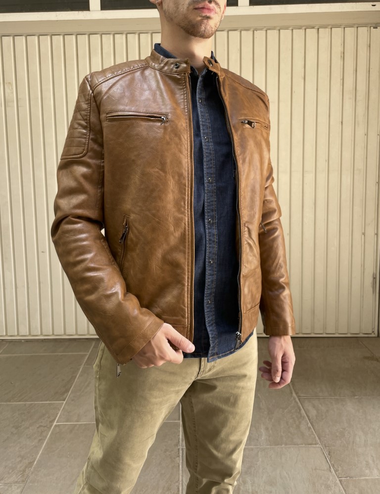 Ανδρικό ταμπά μπουφάν δερματίνη με ραφές στους ώμους 9813T φωτογραφία